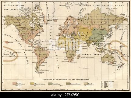 Alte Weltkarte aus dem 19. Jahrhundert mit Angaben zu den verschiedenen Religionen auf der Erde. Alte Illustration aus dem 19. Jahrhundert von El Mundo Ilustrado 1879 Stockfoto