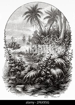 Entdeckung der Neuen Welt durch Christoph Kolumbus 1492. Kolumbus landete auf der Hispaniola. Alte Illustration aus dem 19. Jahrhundert von El Mundo Ilustrado 1879 Stockfoto