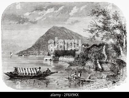 Blick auf den Monte San Salvatore. Luganersee, Tessin, Schweiz, Europa. Alte Illustration aus dem 19. Jahrhundert von El Mundo Ilustrado 1879 Stockfoto