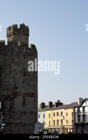 Imposantes Caernarfon Castle Wales. Befestigter Turm, der über den Häusern der Altstadt der königlichen Stadt steht. Vertikale Aufnahme – Platz zum Kopieren Stockfoto