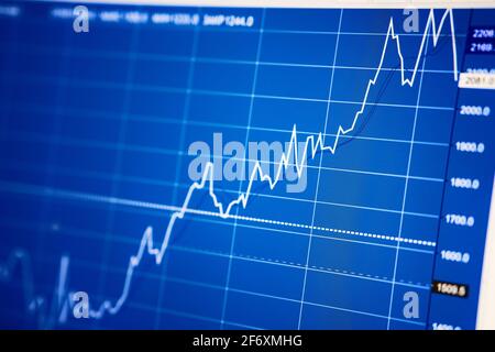 Ein Aufwärtstrend an einem Aktienmarkt oder einem Aktienhandelsdiagramm - Investitionsideen zum Kauf oder Verkauf von Aktien von großen Unternehmen in einer Krise - Financial Bus Stockfoto