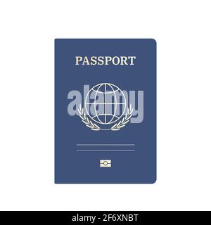 Passvorlage mit blauem Einband und goldenen Elementen. Das Dokument hat ein einfaches Globensymbol und Olivenzweige. Vektorgrafik. Stock Vektor