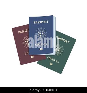 COVID-19 Passport ist für die freie Bewegung auf der ganzen Welt Es gibt drei verschiedene Farben und eine Form. vektor-Illustration. Stock Vektor