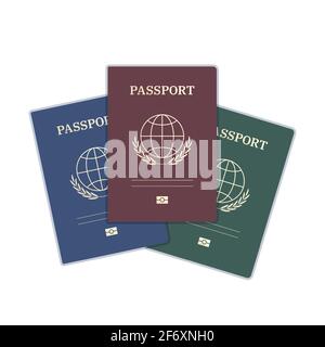 Passvorlagen mit rötlichen, blauen, grünen Einbände und goldenen Elementen. Das Dokument hat ein einfaches Globensymbol und Olivenzweige. Stock Vektor