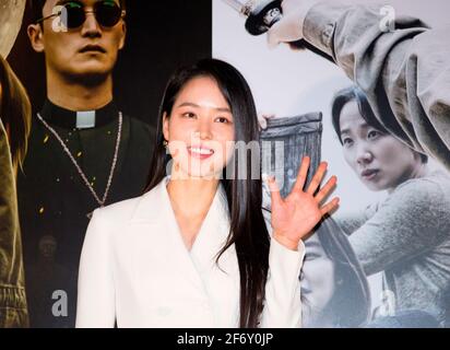 Ahn Ji-Hye, 1. April 2021 : die südkoreanische Schauspielerin Ahn Ji-Hye posiert für Fotografen während einer Pressepremiere eines koreanischen Films „Slate“ in einem Kino in Seoul, Südkorea. „Slate“ ist ein südkoreanischer Fantasy-Action-Film, der am 08. April 2021 veröffentlicht wird. Kredit: Lee Jae-won/AFLO/Alamy Live Nachrichten Stockfoto