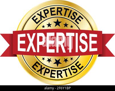 FACHEXPERTISE Goldstempel-Auszeichnung. Vector Gold Award of EXPERTISE Text. Textbeschriftungen werden zwischen parallelen Linien und auf einem Kreis platziert. Golden Skin hat Metallic Stock Vektor