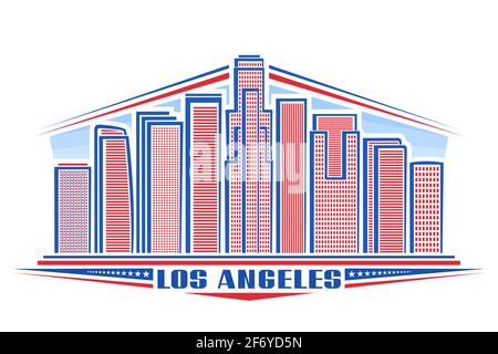 Vektor-Illustration von Los Angeles, horizontales Poster mit amerikanischer Stadtlandschaft auf Tageshintergrund, Linienkunst urbanes Konzept mit einzigartigem Schriftzug fo Stock Vektor