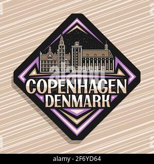 Vektor-Logo für Kopenhagen, dunkles Rhombus-Straßenschild mit Umriss-Illustration der kopenhagener Stadtlandschaft auf Abendhimmel-Hintergrund, dekorativer Kühlschrankmagnet Stock Vektor