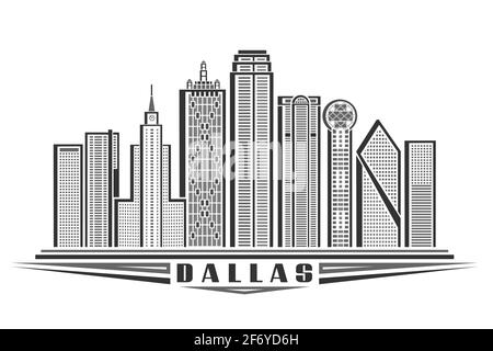 Vektor-Illustration von Dallas, monochromes horizontales Poster mit Umriss-Design der dallas-Stadtlandschaft, urbanes Linienkunstkonzept mit einzigartigem dekorativem le Stock Vektor