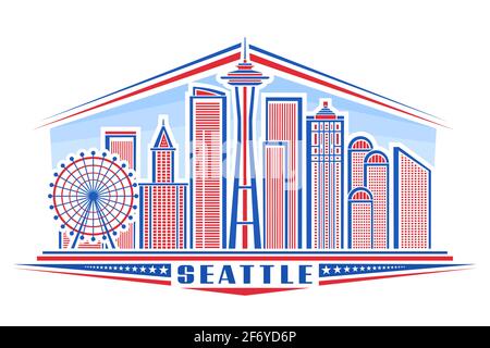 Vektor-Illustration von Seattle, horizontales Poster mit Umriss-Design seattle Stadtbild auf Tageszeit Hintergrund, Urban Line Art Konzept mit einzigartigen le Stock Vektor