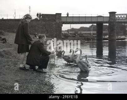 1956, historisch, am Rande eines städtischen Flusses, ein Schulmädchen mit ihrem Vater, der Gänse fütterte, England, Großbritannien. Obwohl es in der Vergangenheit und heute noch eine beliebte Sache mit Kindern war, wird allgemein geglaubt, dass es für Gänse besser ist, ihre eigene Nahrung in ihrem natürlichen Lebensraum zu finden, um sie zu erhalten. Stockfoto