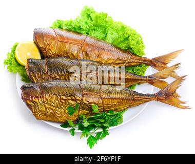 Leckeren geräucherten Fisch auf einer Platte Stockfoto