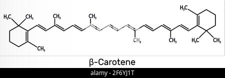 Beta-Carotin, Provitamin A, ist ein organisches rot-oranges Pigment in Pflanzen und Früchten. Chemische Formel des Skeletts. Abbildung Stockfoto