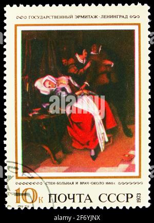 MOSKAU, RUSSLAND - 11. JANUAR 2021: Die in der UdSSR (Russland) gedruckte Briefmarke zeigt kranke Frau und einen Arzt, Jan Steen (1660), ausländische Bilder in Sovi Stockfoto