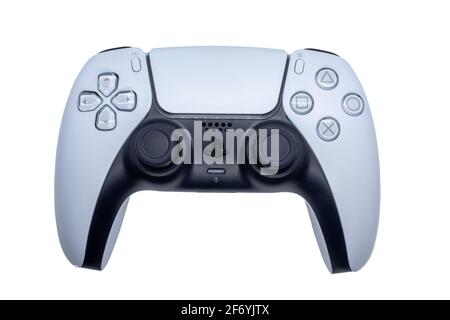 PlayStation 5-Game-Controller auf weißem Hintergrund isoliert. Schwarz-Weiß-Joystick für die Gaming-playstation Five. Sony ps5 Gamepad aus nächster Nähe. Stockfoto