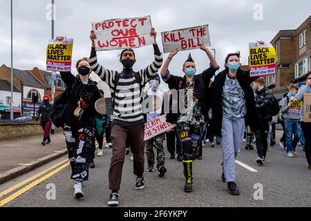 NORTHAMPTON ENGLAND. APRIL. Töten Sie am Samstag, den 3. April 2021, den Bill-Protest in den Northampton und Safer Streets. (Kredit: Leila Coker) Gutschrift: Leila Coker/Alamy Live News Stockfoto