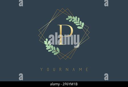 Goldener Buchstabe P Logo mit goldenem quadratischem Rahmen und grünem Blattdesign. Kreative Vektor-Illustration mit Buchstabe P für Schönheit, Mode, Schmuck, Luxus, Stock Vektor