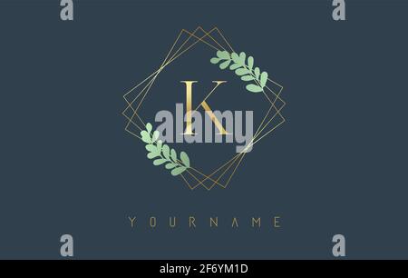 Goldener Buchstabe K Logo mit goldenen quadratischen Rahmen und grünem Blattdesign. Kreative Vektor-Illustration mit dem Buchstaben K für Schönheit, Mode, Schmuck, Luxus, Stock Vektor