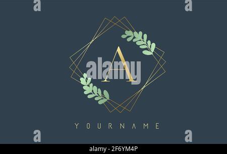 Goldener Buchstabe EIN Logo mit goldenen quadratischen Rahmen und grünem Blattdesign. Kreative Vektor-Illustration mit Buchstabe A für Schönheit, Mode, Schmuck, Luxus Stock Vektor