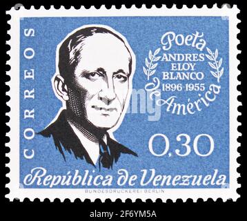 MOSKAU, RUSSLAND - 18. JANUAR 2021: Die in Venezuela gedruckte Briefmarke zeigt Andres Eloy Blanco, 5. Todestag der Serie Blanco (Dichter), um 19 Stockfoto