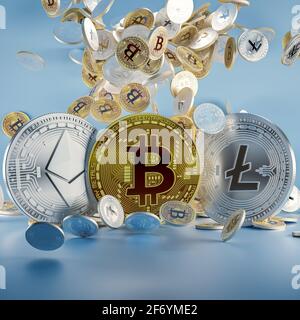 Bitcoin, Litecoin und des Astraleums - drei beliebtesten cryptocurrencies auf weißem Hintergrund. 3D-Rendering Stockfoto