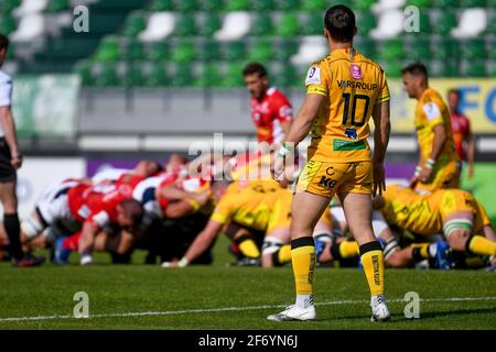 Monigo Stadium, Treviso, Italien. April 2021. Paolo Garbisi (Benetton Treviso) Blick auf das Scrum während Benetton Treviso vs SUA LG Agen, Rugby Challenge Cup - Foto Ettore Griffoni/LM Credit: LiveMedia/Alamy Live News Stockfoto