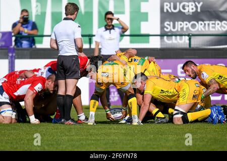 Monigo Stadium, Treviso, Italien. April 2021. Dewaldt Duvenage (Benetton Treviso) stellt auf Scrum während Benetton Treviso vs SUA LG Agen, Rugby Challenge Cup vor - Foto Ettore Griffoni/LM Kredit: LiveMedia/Alamy Live News Stockfoto