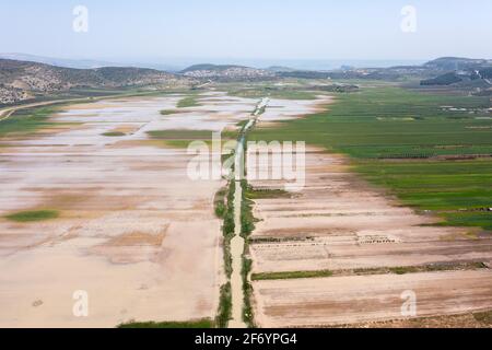 Beit Netofa Tal mit überfluteten landwirtschaftlichen Feldern in Israel unteren Galilee, Luftansicht. Stockfoto