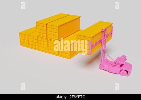 Minimale Container-Hebemaschine auf rosa Hintergrund, 3d-Darstellung Stockfoto