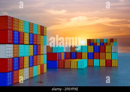 Container Frachtschiff Export Geschäft und logistischen Transport mit schönen Sonnenuntergang, 3D-Illustrationen Rendering Stockfoto
