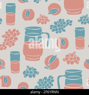 Vektor nahtloses Muster mit Krug und Früchten. Krug mit Saft mit reifen Trauben und Pfirsichen. Stock Vektor