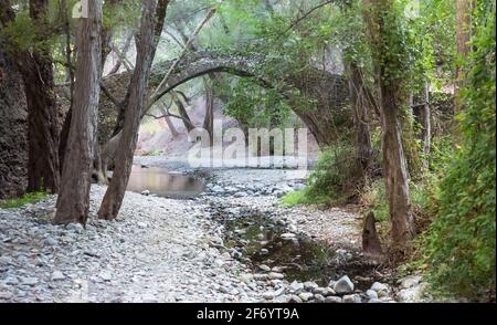 Kelefos (Tzelefos) alte Steinbrücke im Paphos Wald, Zypern. Die Brücke wurde von den Venezianern im 16. cеntury erbaut Stockfoto