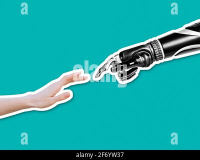 Roboterhand, die weibliche menschliche Hand berührt, Verbindung zwischen Menschen und Technologie der künstlichen Intelligenz im Collage-Ausschnitt-Stil Stockfoto