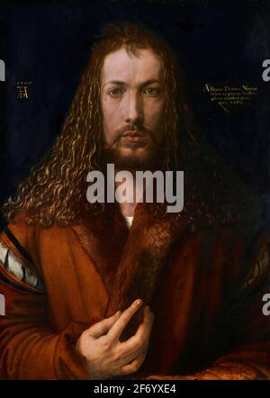 Albrecht Dürer (1471-1528), Selbstporträt mit Pelzbesatz-Robe, Öl auf Holz, 1500 Stockfoto