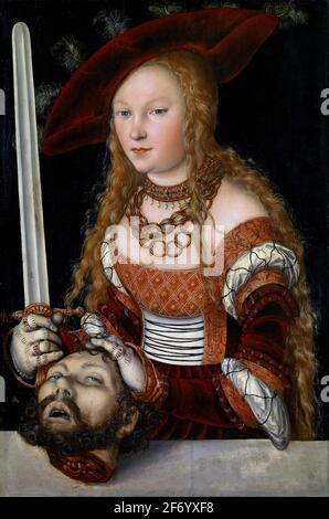 Judith mit dem Kopf des Holofernes von Lucas Cranach dem Älteren (1472-1553), Öl auf Holz, ca. 1520-40. Kunsthistorisches Museum Wien Version. Stockfoto