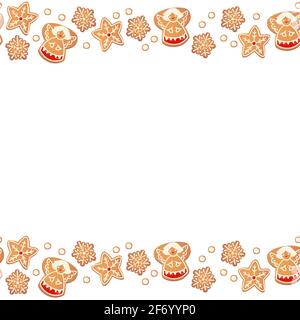 Weihnachten Lebkuchen Cookies nahtlose Grenze isoliert. Neujahr dekorative Girlande. Handgezeichnete Vektorgrafik mit Cartoon Stock Vektor