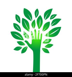 Illustration einer Hand, die einen Baum bildet, mit Blättern, die der Natur helfen. Entsorgen Sie, retten Sie die Erde oder stoppen Sie das Konzept der globalen Erwärmung, das durch die repräsentiert wird Stock Vektor