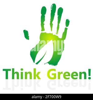 Denken Sie grün. Entsorgen, die Erde retten oder das Konzept der globalen Erwärmung stoppen, das durch das grüne Zeichen dargestellt wird. Isoliert auf Weiß. Vektorgrafik Stock Vektor