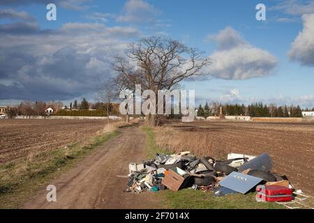 Poznan, Polen - 02. April 2021: Illegaler Müllcontainer auf der Straße, Plastik, Elektronik und andere Abfälle. Stockfoto