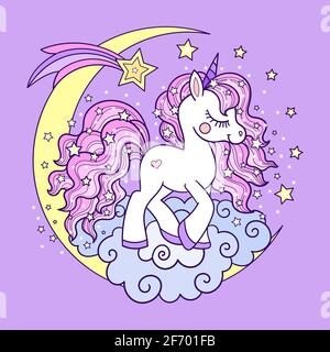 Niedliches weißes Einhorn mit rosa Mähne auf dem Mond. Illustration für Kinder. Vektor Stock Vektor