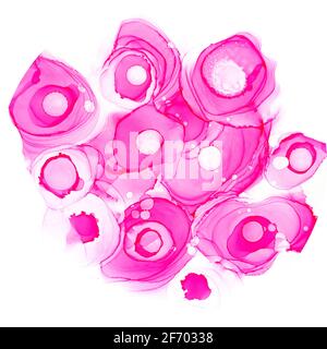 Alkohol Tinte Rosen Textur. Rosa Neon abstrakter Hintergrund mit Blumen. Abstrakt durchscheinender Blumenfluss. Modernes Design mit fluidkarmesinroten Pfingstrosen Stockfoto