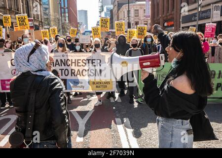 Manchester UK 3. April 2021. Protest gegen Deansgate.Töten Sie den Protest der Demonstranten in Manchester.Quelle: Gary Roberts/Alamy Live News Stockfoto