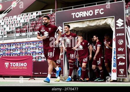 Turin, Italien. April 2021. TURIN, ITALIEN - 03. April 2021: Spieler des FC Turin betreten den Pitchwährend des Fußballspiels der Serie A zwischen dem FC Turin und dem FC Juventus. (Foto von Nicolò Campo/Sipa USA) Quelle: SIPA USA/Alamy Live News Stockfoto