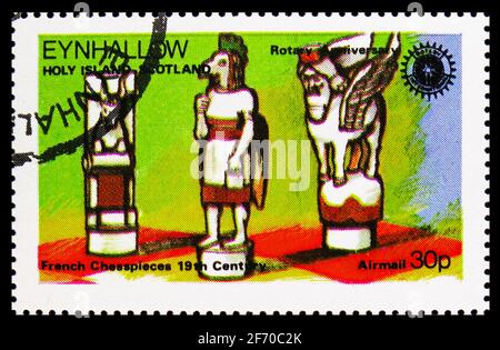 MOSKAU, RUSSLAND - 19. DEZEMBER 2020: Briefmarke gedruckt in Cinderellas zeigt Chess/Rotary, Eynhlow Serie, 30 p - schottischer Penny, um 1976 Stockfoto