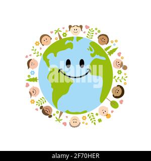 Alles gute zum Tag der Erde. Lächelnder Cartoon-Planet Erde und Kinder mit Pflanzen, Bäumen, Blumen und Herzen. Isoliert auf weißem Hintergrund. Stockfoto