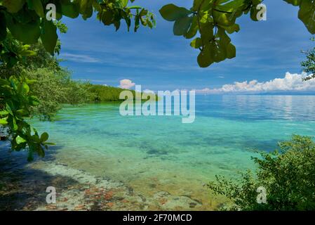 Tropischer Sandstrand in der Nähe des Doljo-Strandes; türkisblaues Wasser, Paglao Island, an der Spitze der Insel in der Nähe von Tumoy Village, Paglao, Bohol, Philippinen Stockfoto