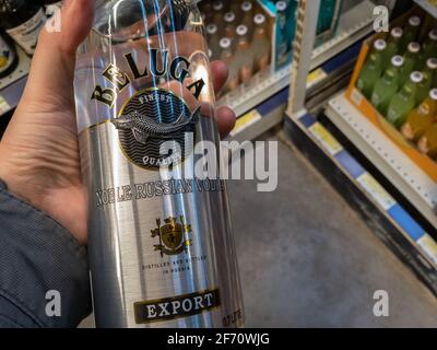 BELGRAD, SERBIEN - 21. MÄRZ 2021: Beluga Vodka Logo auf einigen Flaschen zum Verkauf. Beluga Noble Vodka eine Marke von russischem Vodka, hergestellt von Mariinsk CO Stockfoto