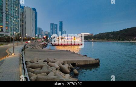 Nachtansicht des haeundae Meeres, Busan, Südkorea, Asien. Stockfoto