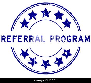 Grunge blaues Empfehlungsprogramm Wort mit Stern Symbol rund Gummi Stempel auf weißem Hintergrund Stock Vektor
