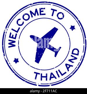 Grunge blau Willkommen in Thailand Wort mit Flugzeug-Symbol rund Stempel mit Gummidichtung auf weißem Hintergrund Stock Vektor